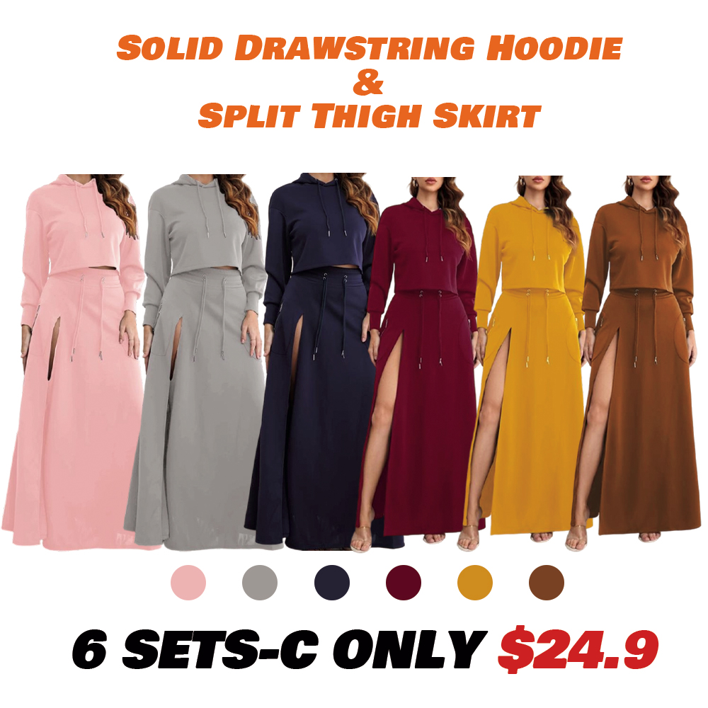 Women'S Solid Drawstring Hoodie & Split Thigh Skirt Set, Long Sleeve Top & Pocket Long Skirt, Casual Fashion Cozy Co-Ord Set, Women Clothes