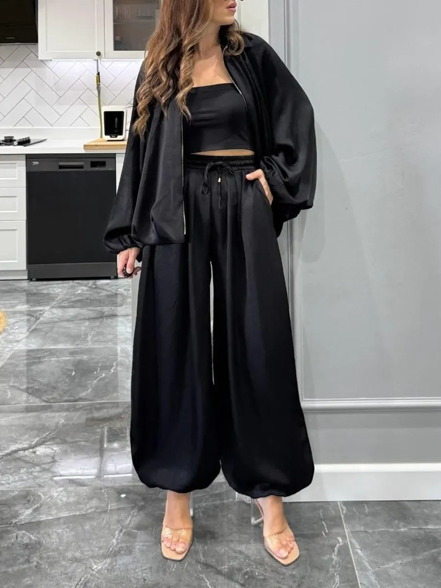 Women's solid color cross-section design casual zipper cardigan & pants set