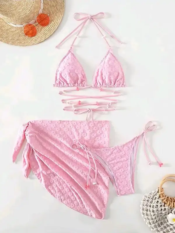Layered Floral Lace Pattern Bikini Swim Set