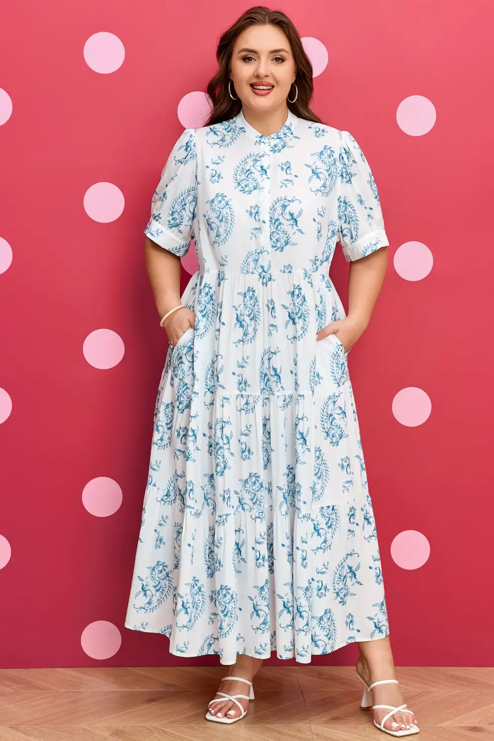 Floral Geometric Print Split Neck Maxi Dress