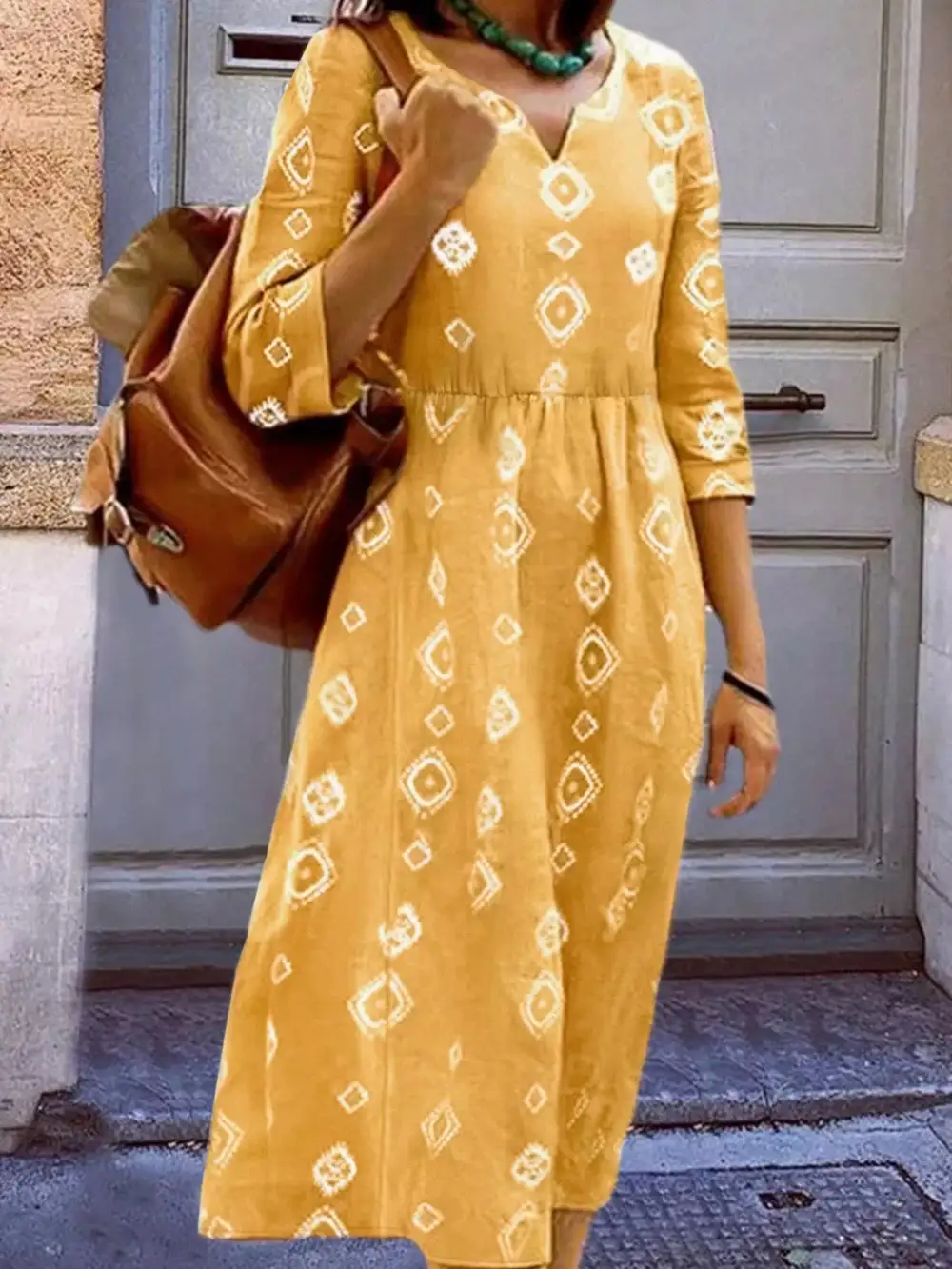 Notched Three Quarter Sleeve Midi Dress