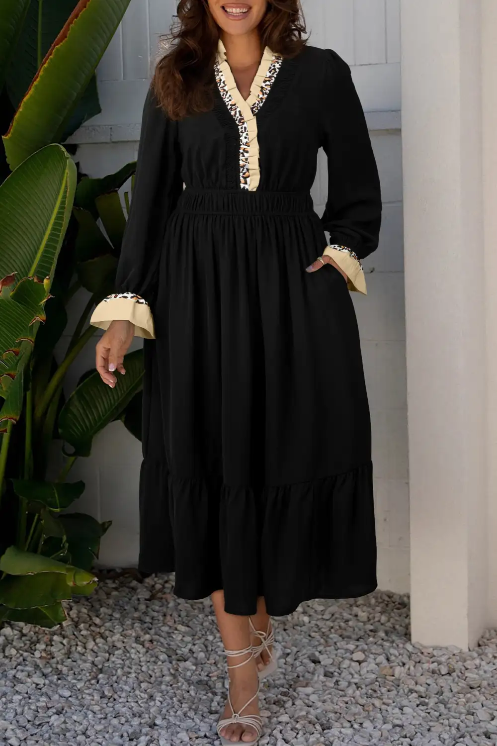 Contrast Leopard Frilled Trim V Neck Bracelet Sleeve Midi Dress