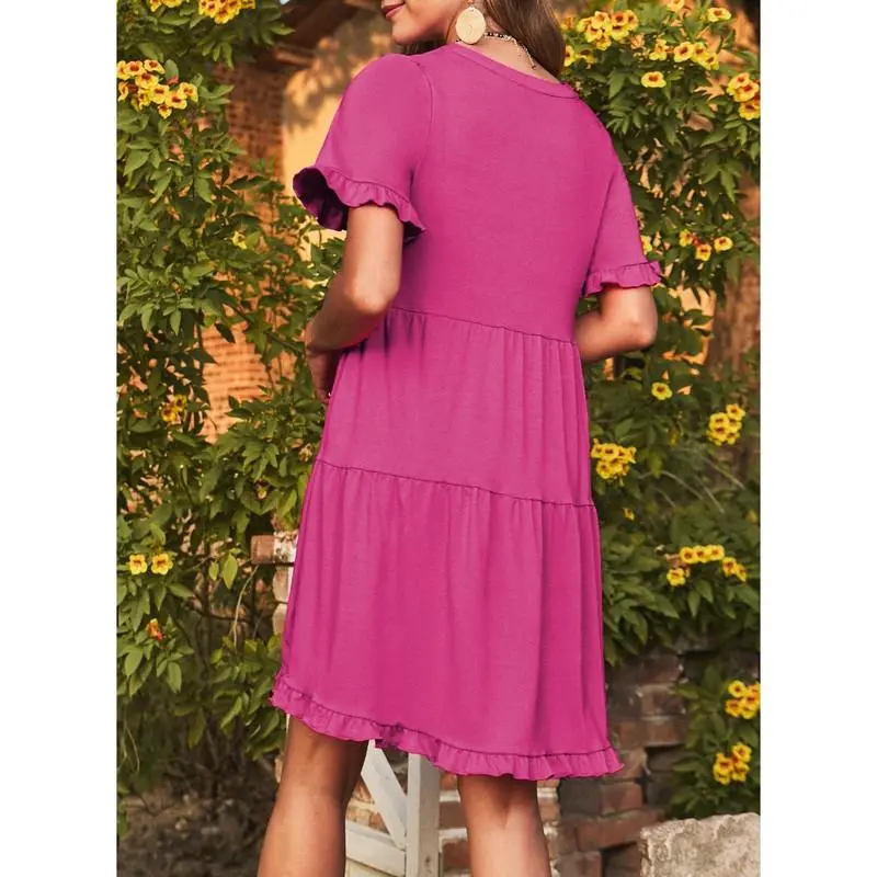 Womens Dresses 2025 Summer Spring V Neck Ruffle Short Sleeve Casual A-Line Flowy Swing Shift Dress Mini Dress