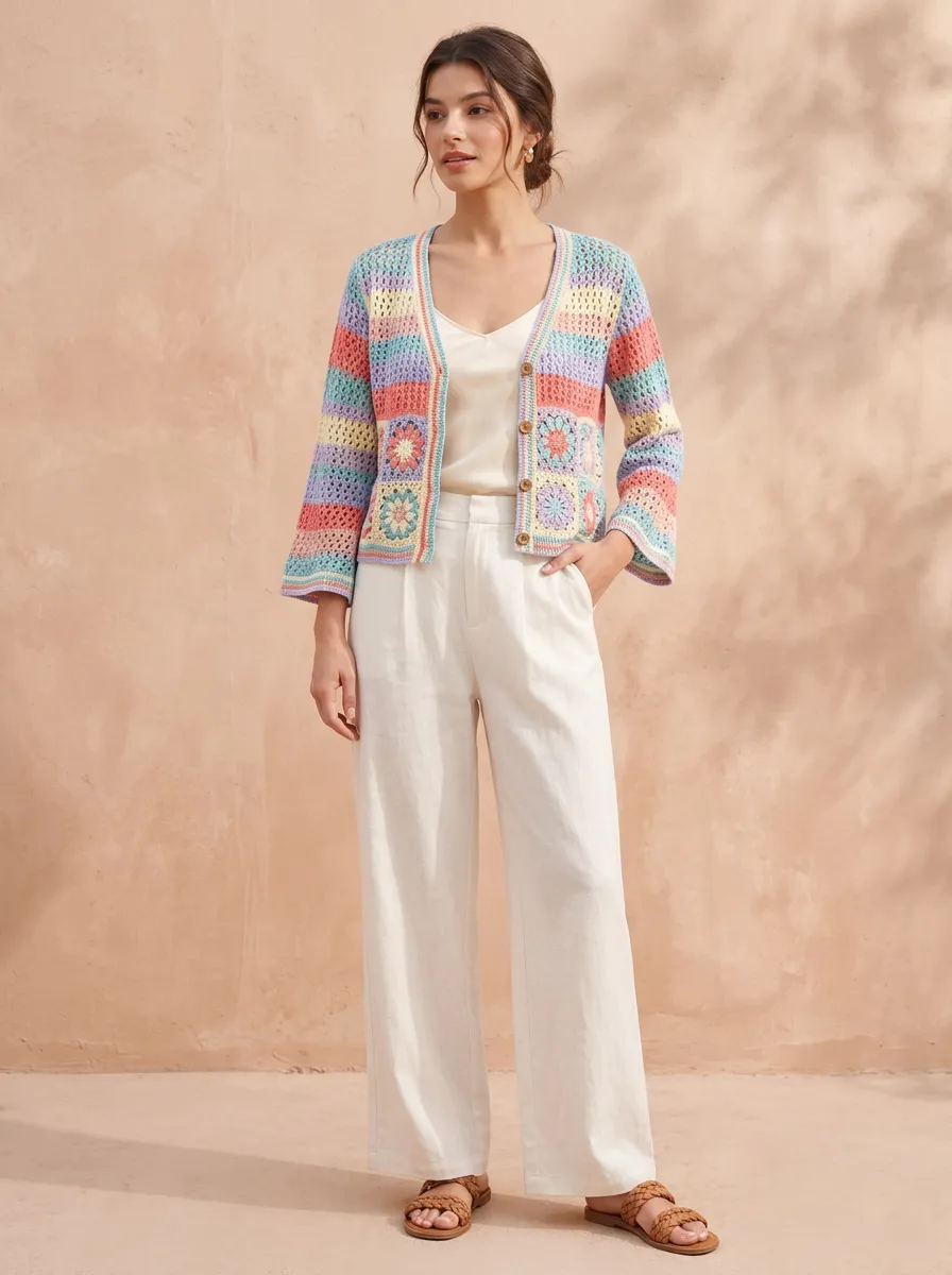 Women's Boho Style Pastel Striped Floral Crochet Printed Cardigan