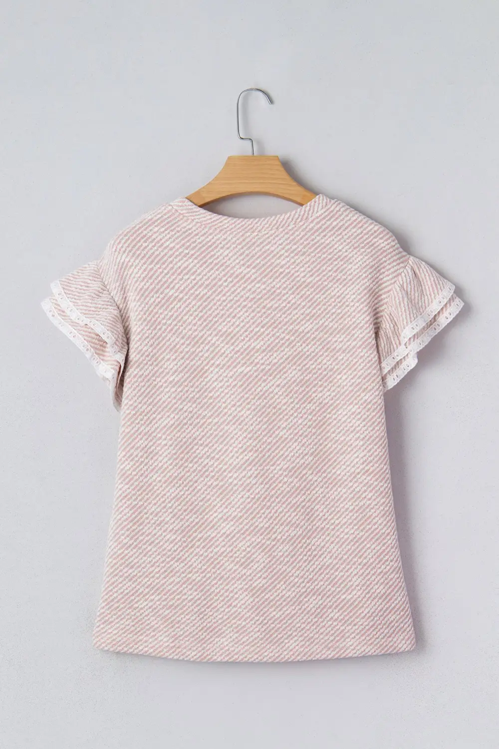 Light Pink Twilled Print Lace Trim Ruffled Short Sleeve Blouse
