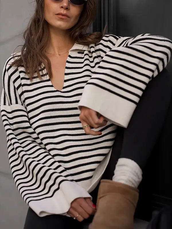 Striped Paneled Lapel Long Sleeve Relaxed Fit Sweater