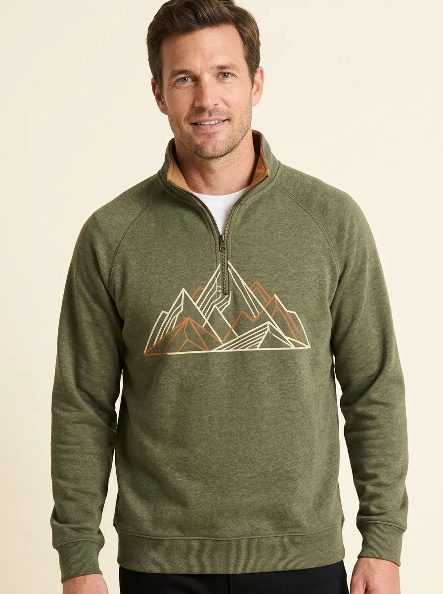 Men's Hiking Mountain Line-Art Graphic Zip-Neck Sweatshirt