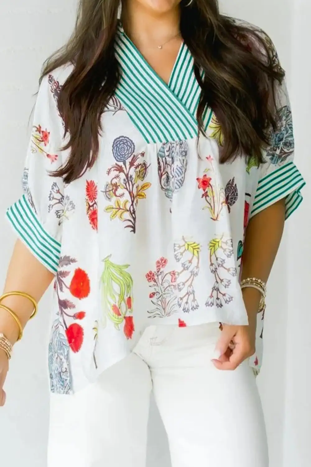 Beige Floral Print Striped Contrast Trim V Neck Half Sleeve Blouse