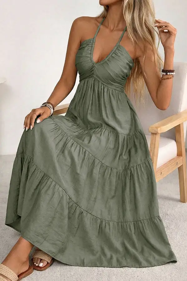 Color Smocked Back Halter Neck Dress
