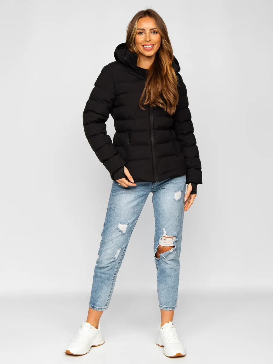 Black women's quilted winter jacket with hood