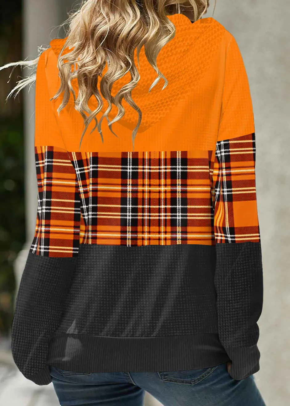 Red Patchwork Plaid Long Sleeve Hoodie