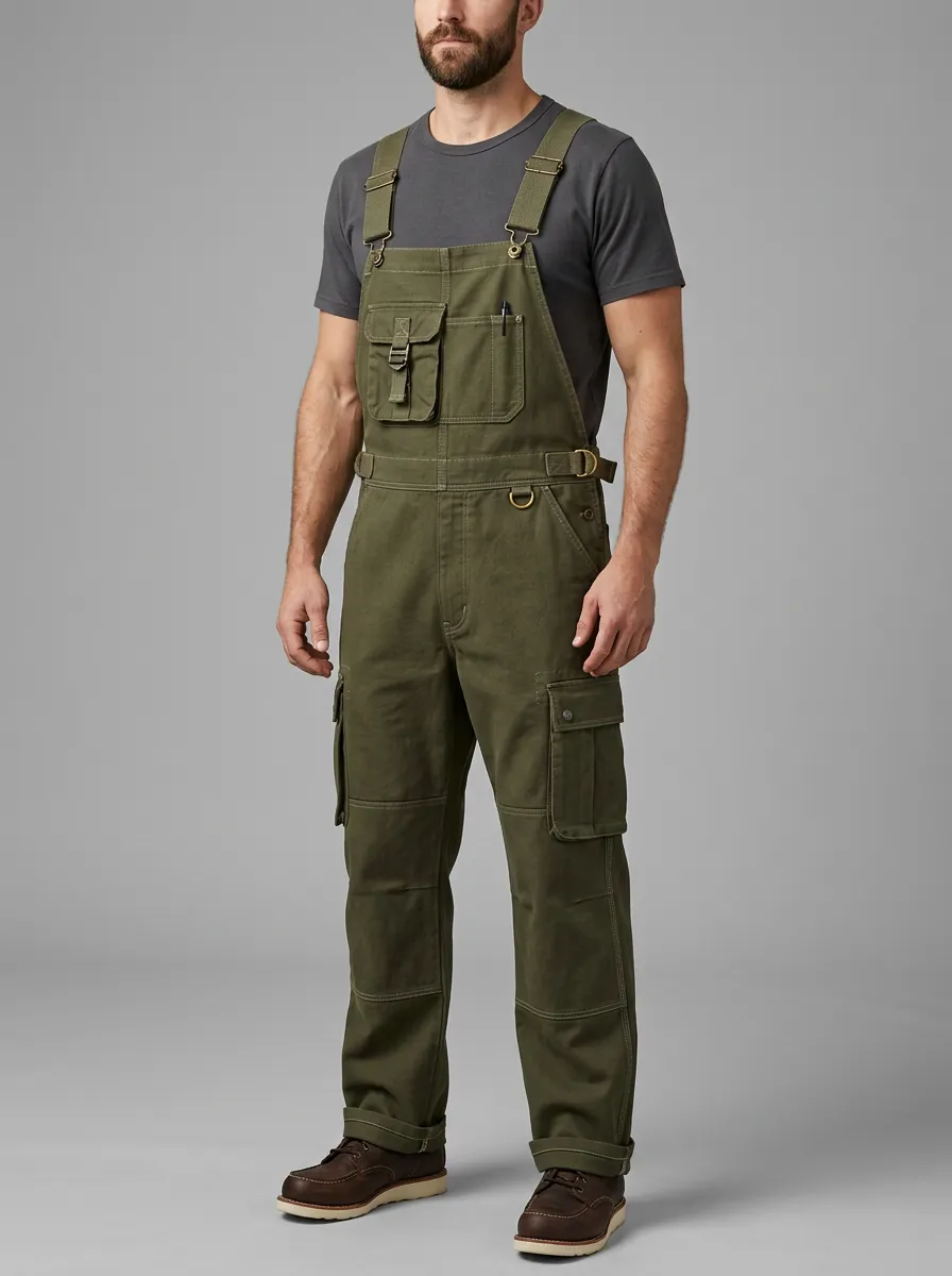 Men's Utility Workwear Olive Green Cargo Bib Overalls