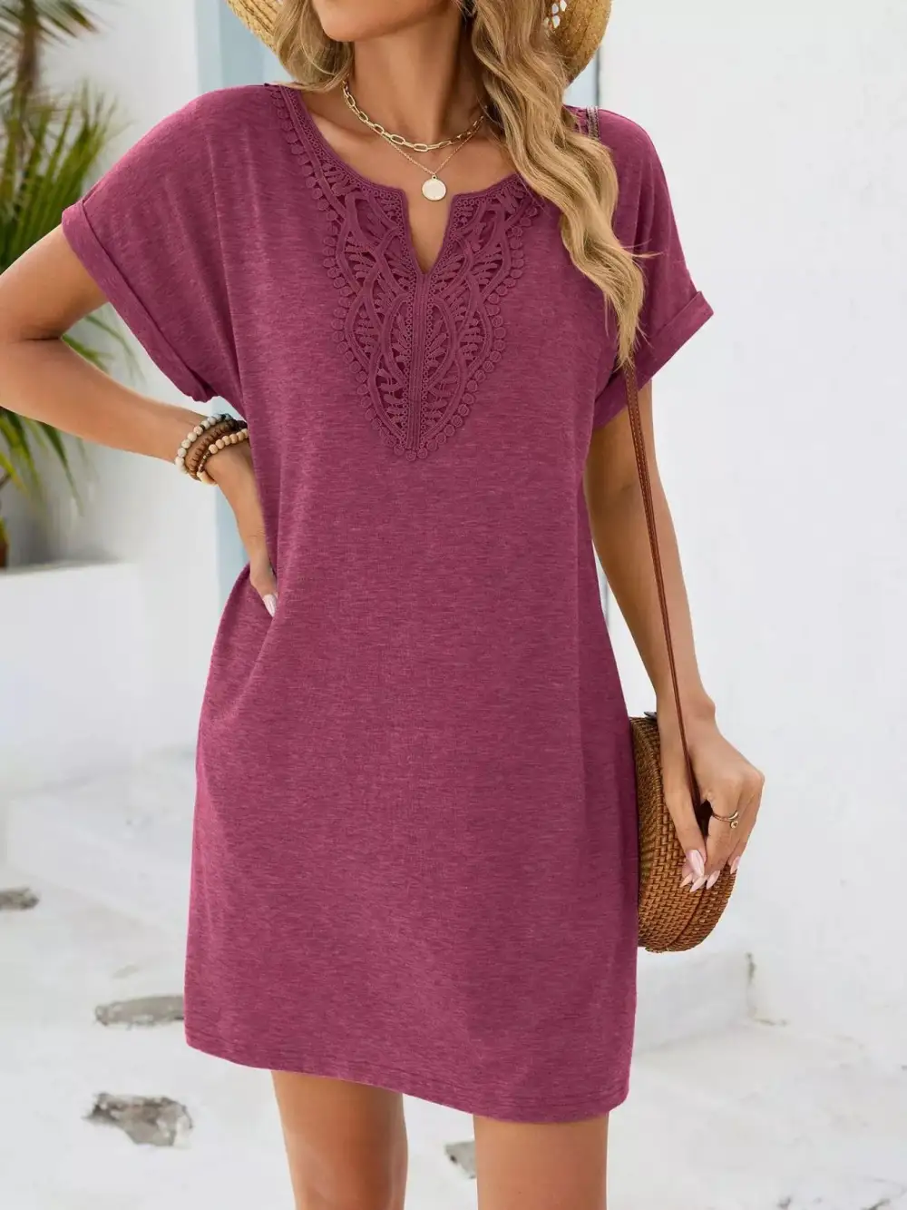 Polished Detail Lace Short Sleeve Dress