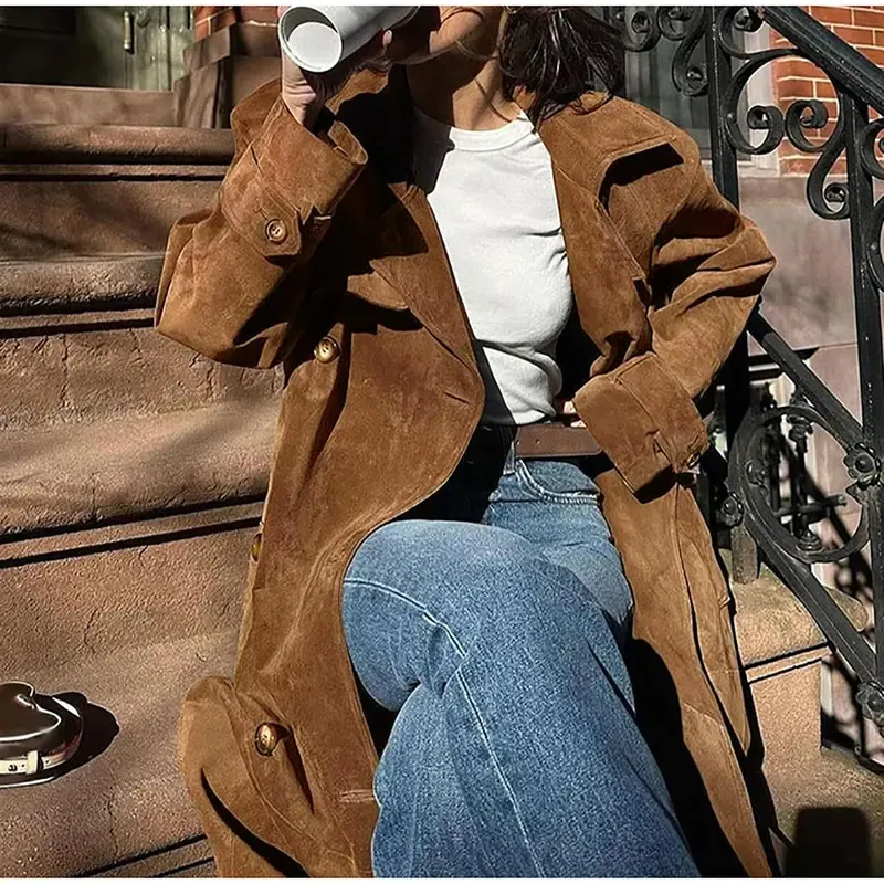 Women's Autumn And Winter Faux Suede Long Trench Coat Notched Lapel Double-Breasted Long Coat With Belt Casual Longline Outerwear Womenswear Jackets