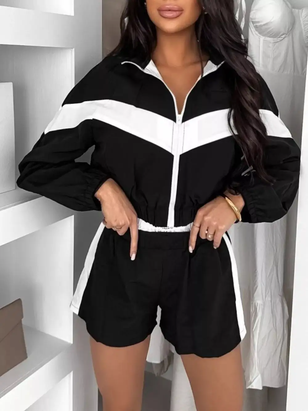 Zip-Detail Pocketed Top and Shorts Matching Set