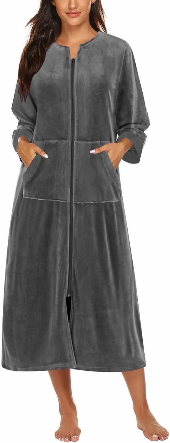 50% OFF Women Zipper Robe 3/4 Sleeves Loungewear Dress Full Length Sleepwear Pockets Housecoat Nightgown Long Bathrobe