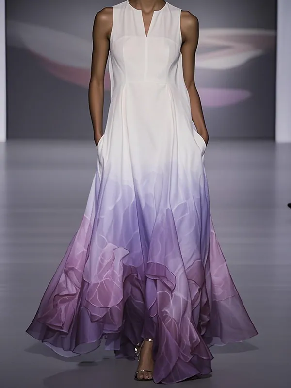 Gradient Floral Printed Neck Maxi Dress