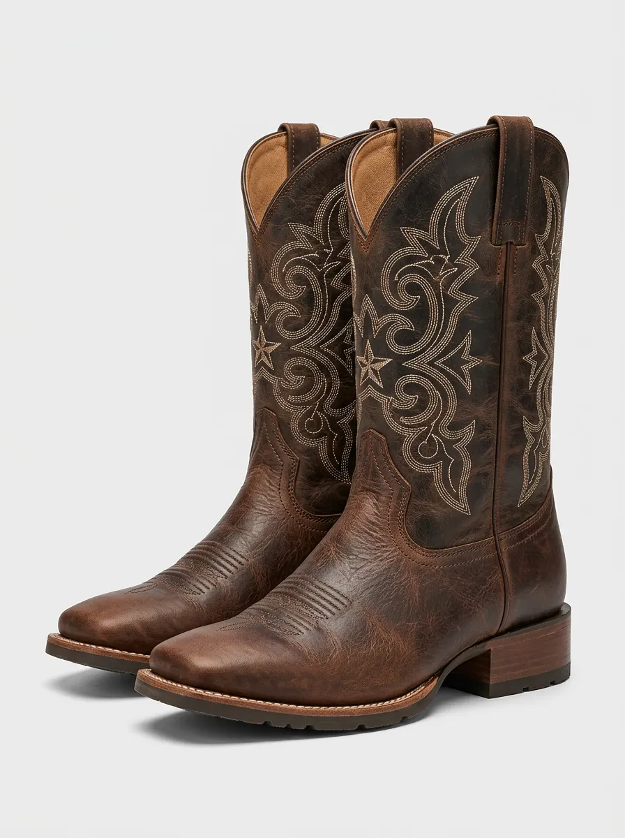 Men's Western Cowboy Star Embroidered Leather Printed Boots