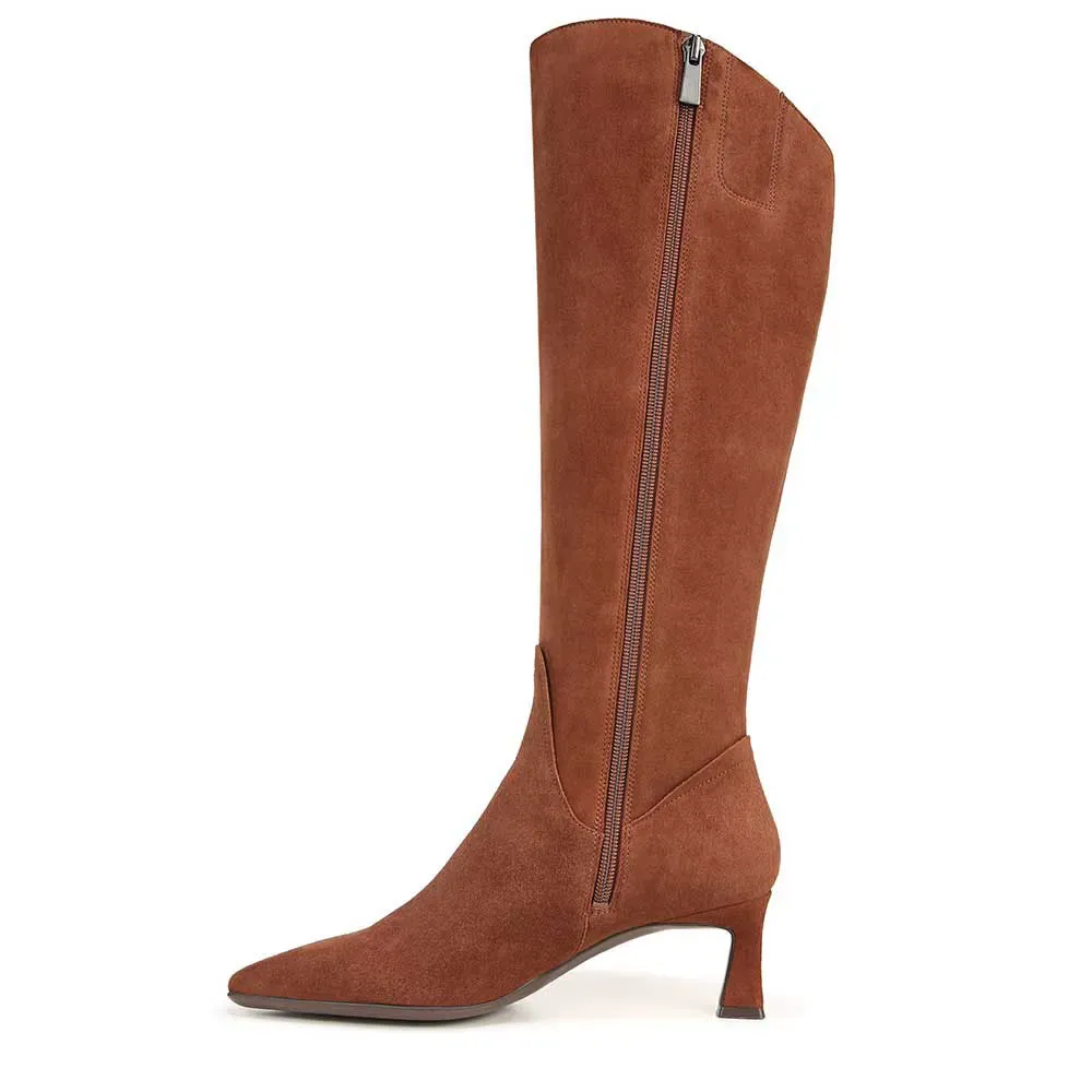Faux-Suede Zip-Up Pull-On Kitten-Heel Knee-High Boots