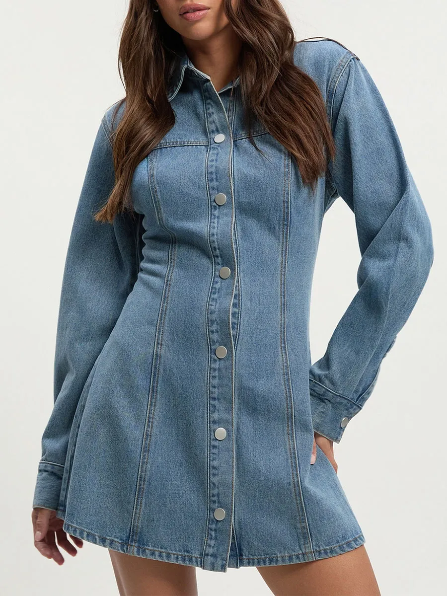 Blue Denim Button Front Tailored Blazer Dress