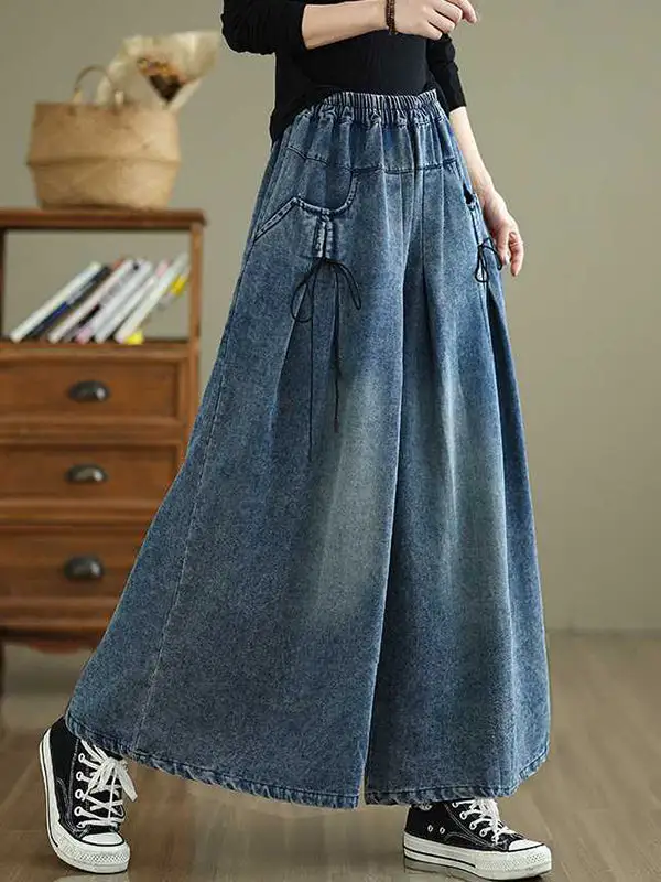 High Waist Relaxed Fit Wide Leg Pleated Elastic Waist Pocket Jeans