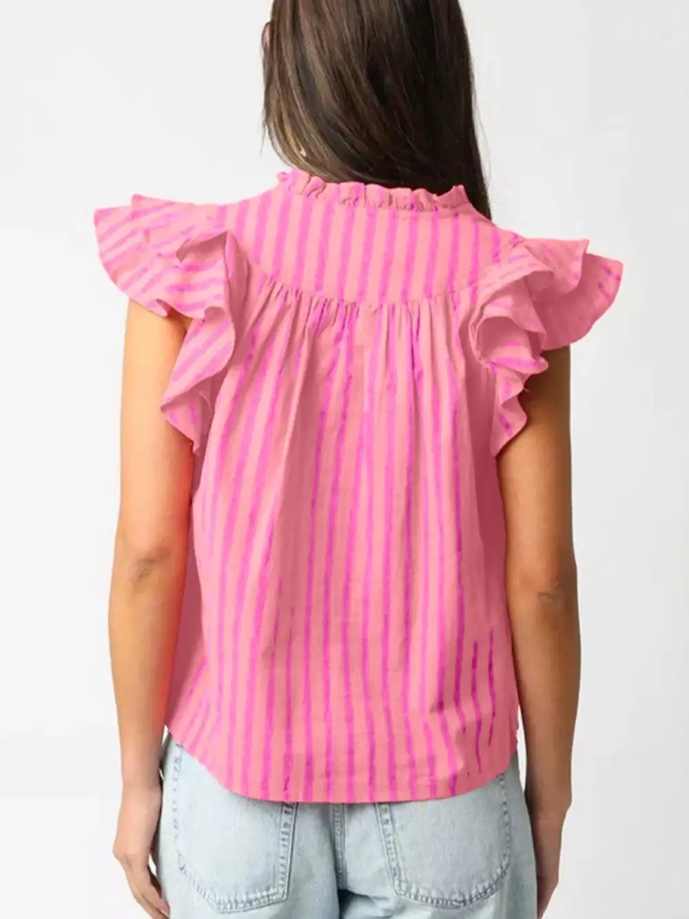 Stripe Split Neck Ruffled Blouse