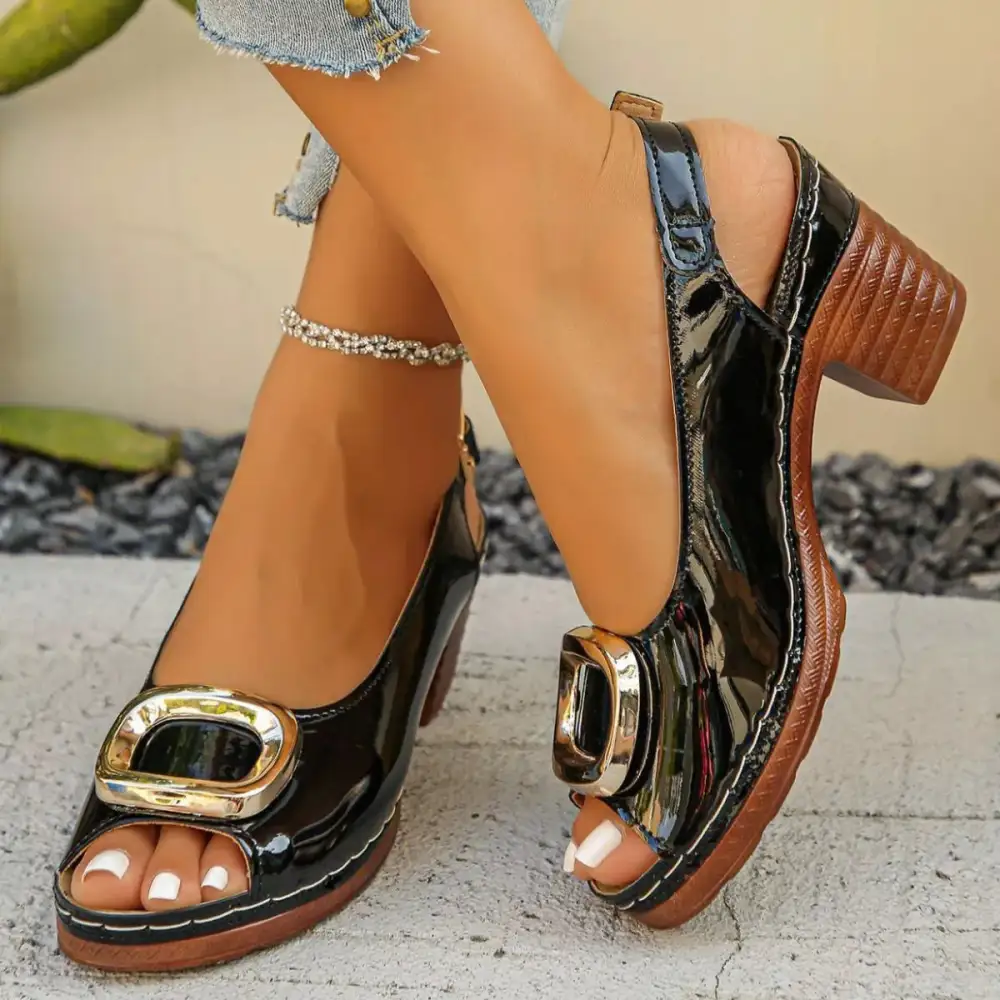 Textured Peep Toe Block Heels Sandals