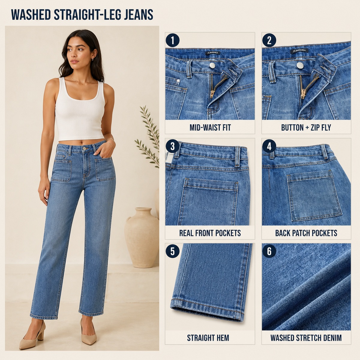 Washed denim waist pocket fabric and hem detail