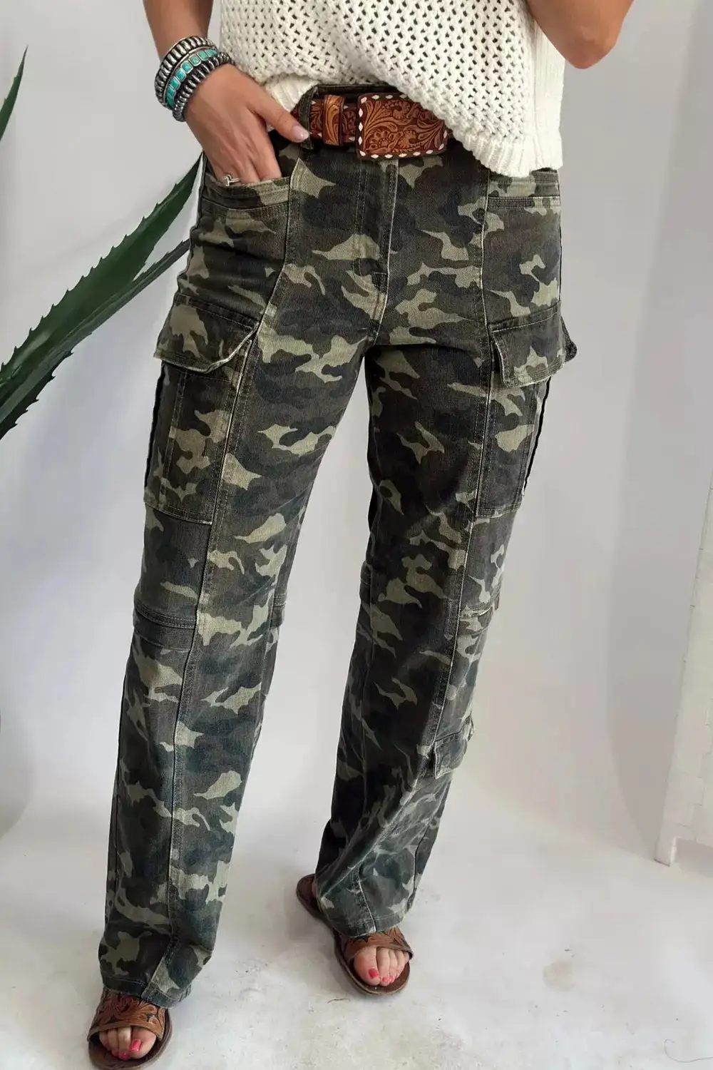 Camouflage Print Pocketed Womens Denim Pants