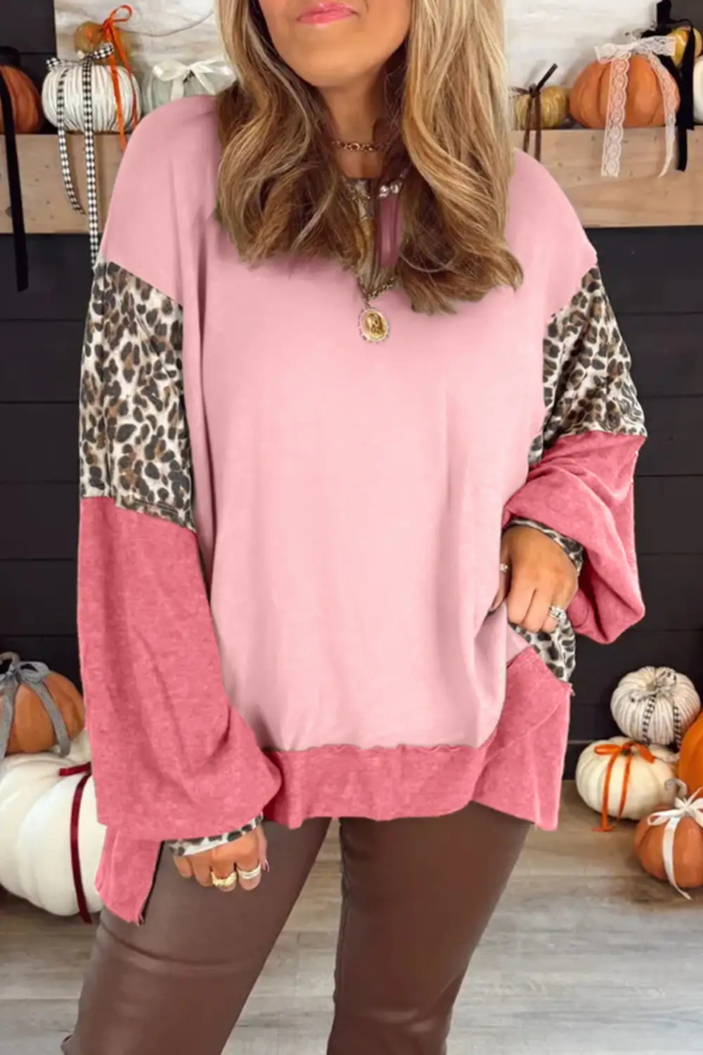 Relaxed Leopard Print Patchwork Dolman Sleeve Sweatshirt