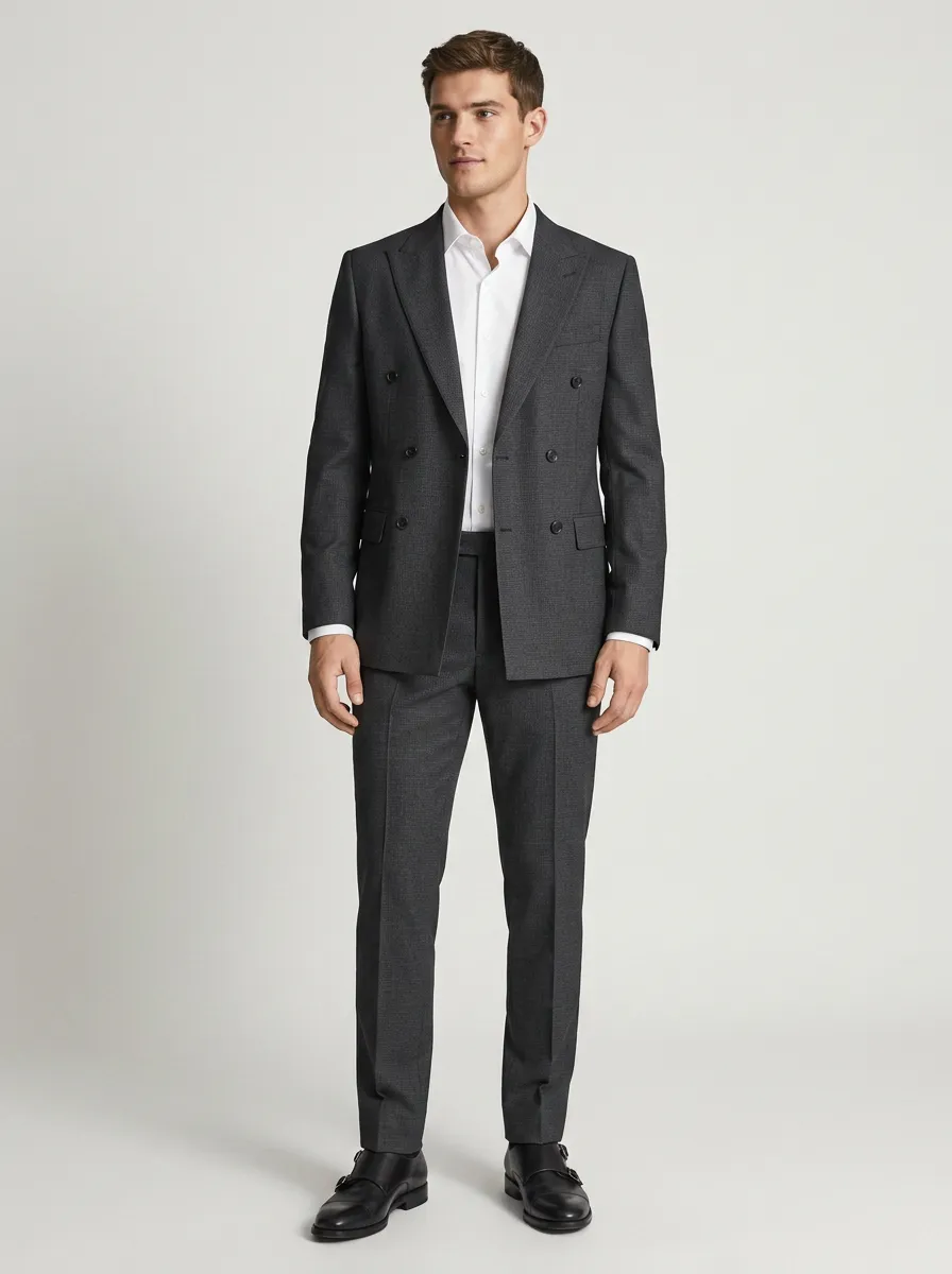 Men's Business Formal Charcoal Double-Breasted Suit Set