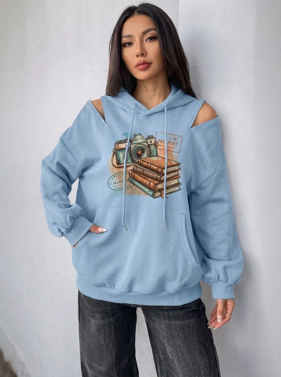 Women's Travel Lover Camera Books Passport Printed Cold Shoulder Hoodie