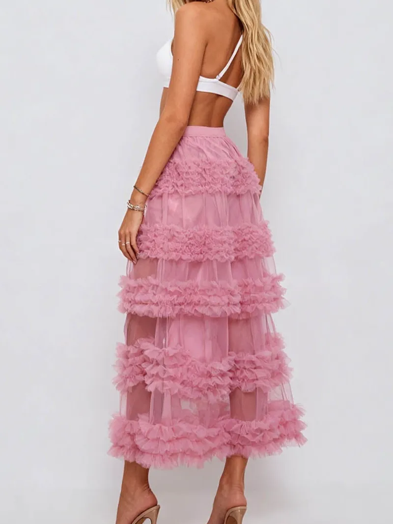 Layered Ruffle Sheer Mesh Elastic Waist Maxi Skirt