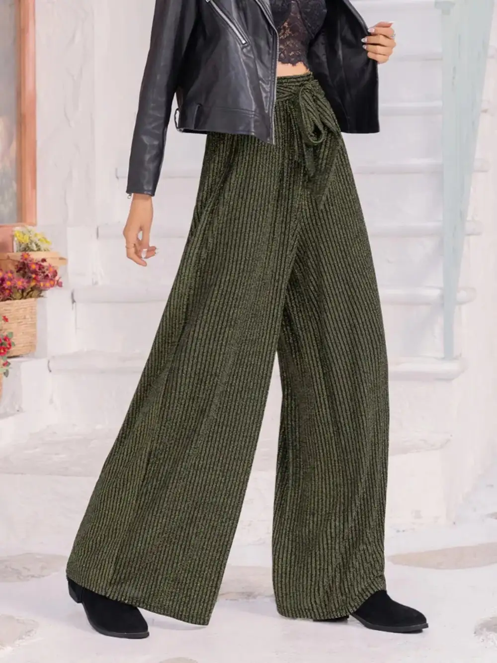 Wide Leg High Waist Striped Drawstring Pants