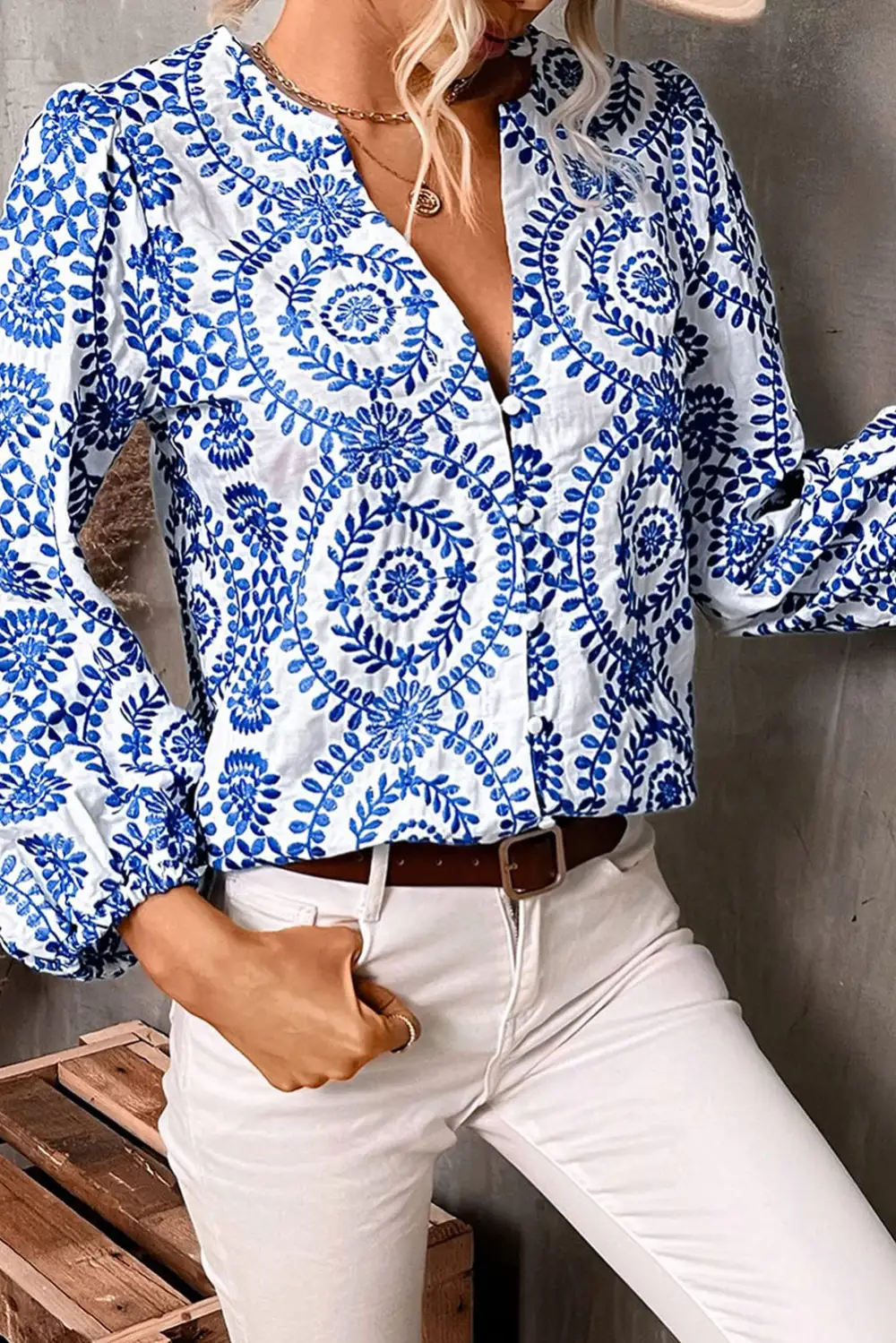 Vintage Geometric Puff Sleeve Slit V Neck Shirt