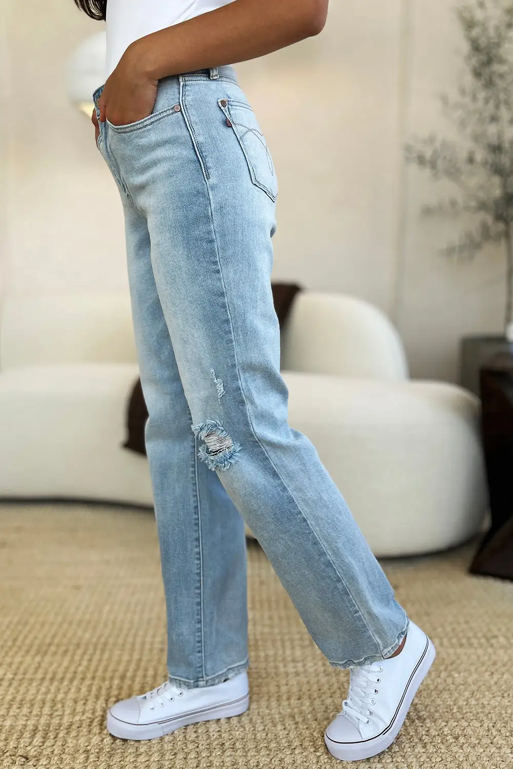 Modern High Waist Straight Leg Distressed Denim Jeans
