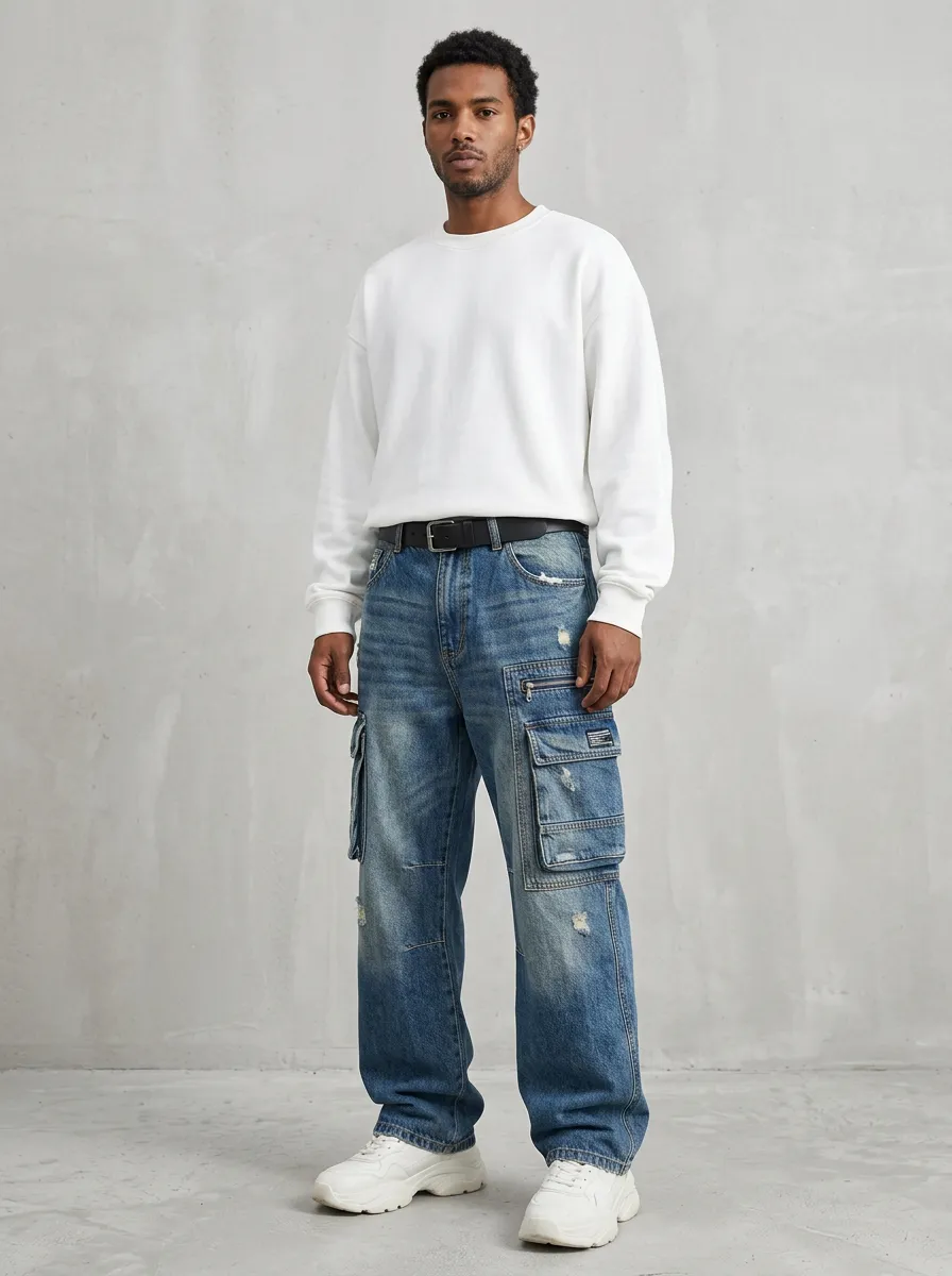 Men's Mid-Blue Zip-Pocket Straight-Leg Denim Cargo Pants