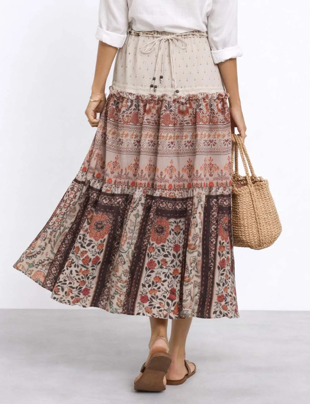 Boho Woven Band Elastic Waist Tiered Midi Skirt