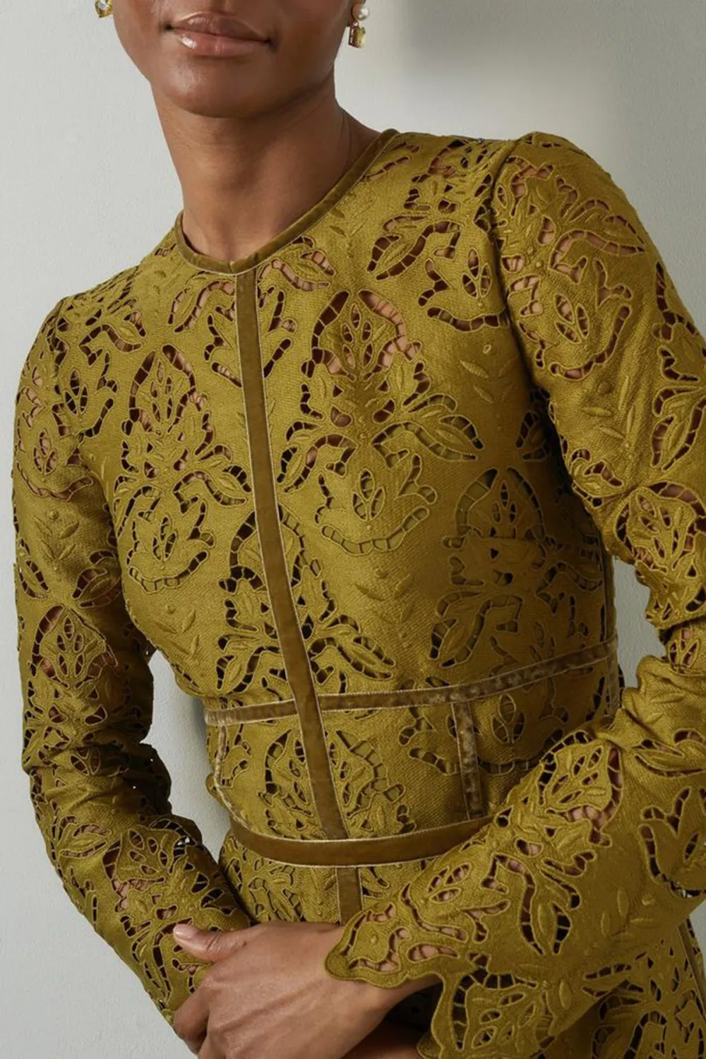 Olive Green Lace Detailed Long Sleeve Dress