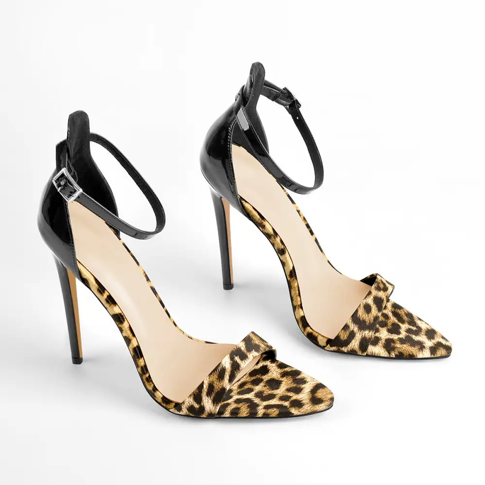 Pointed Open Toe Leopard Ankle Sandals