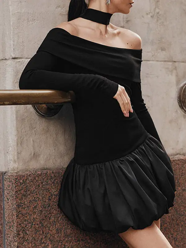 High Waisted Long Sleeve Contrast Color Pleated Split Joint Off The