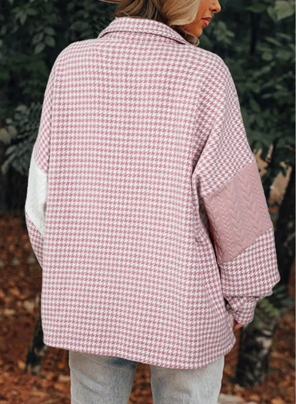 Houndstooth Contrast Textured Patchwork Loose Shirt Jacket