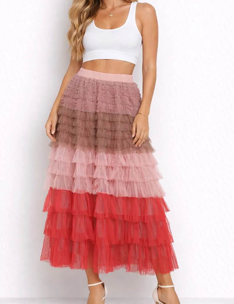Chic Tiered Ruffle Mesh Midi Skirt