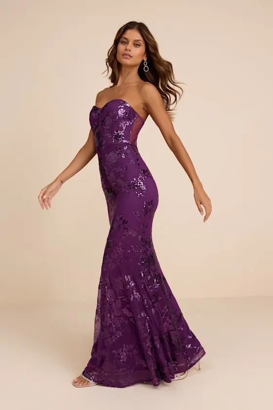 Mayley Purple Sequin Strapless Maxi Dress