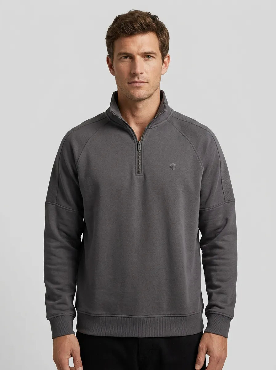 Men's Contemporary Minimalist Textured Raglan Embroidered Emblem Stand-Collar Quarter-Zip Sweatshirt