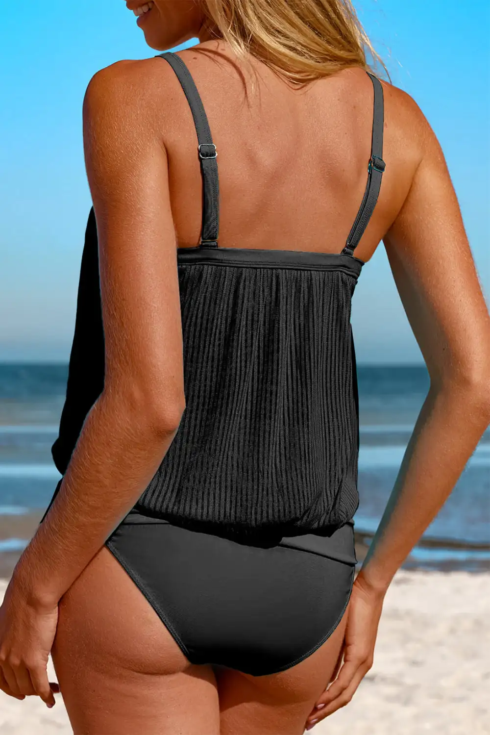 Striped Mesh Knotted Hem Tankini Swim Set
