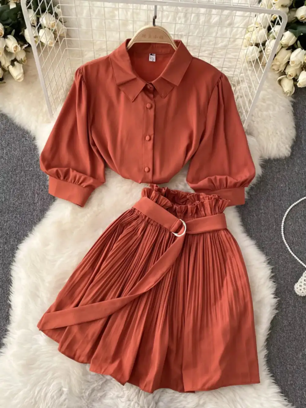 Puff Sleeve Pleated Coordinated Set