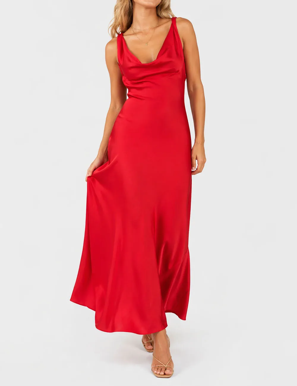 Chic Satin Cowl Neck Sleeveless Back Midi Dress