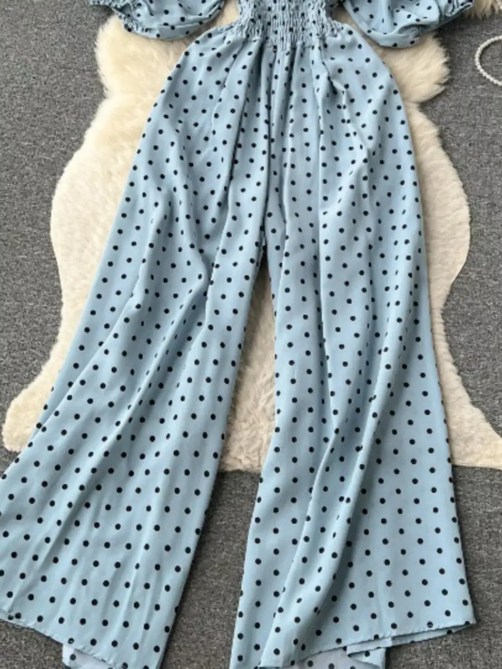 Smocked V Neck Wide Leg Jumpsuit
