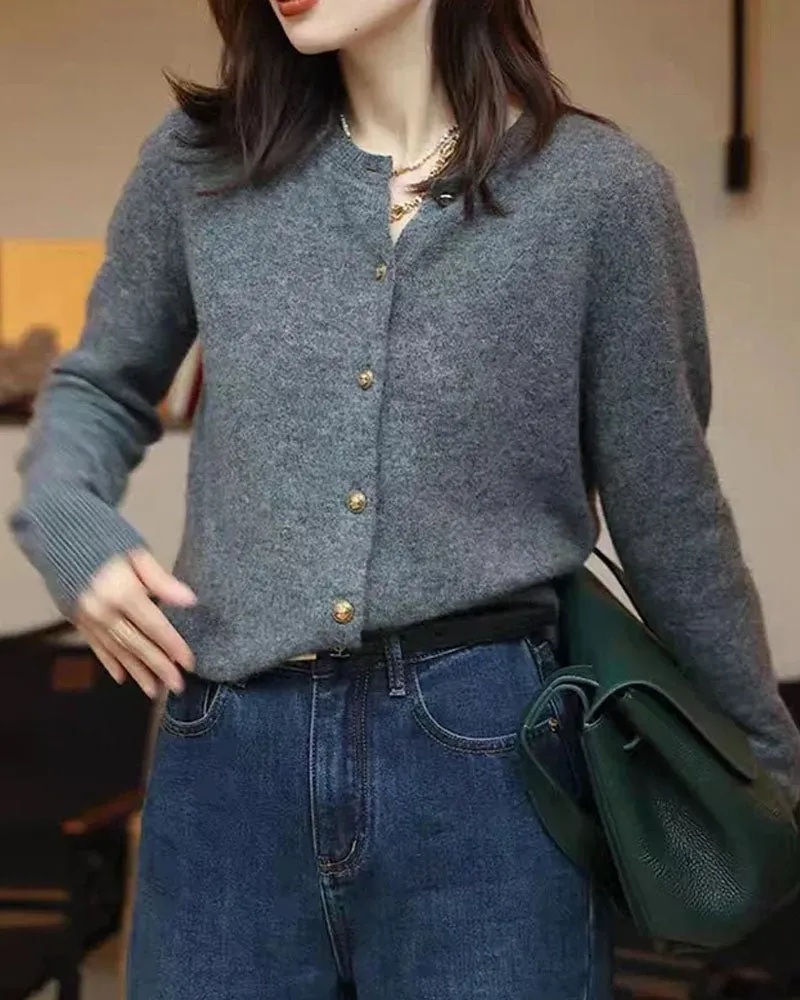 Classic Wool Button-Front Round-Neck Cropped Cardigan